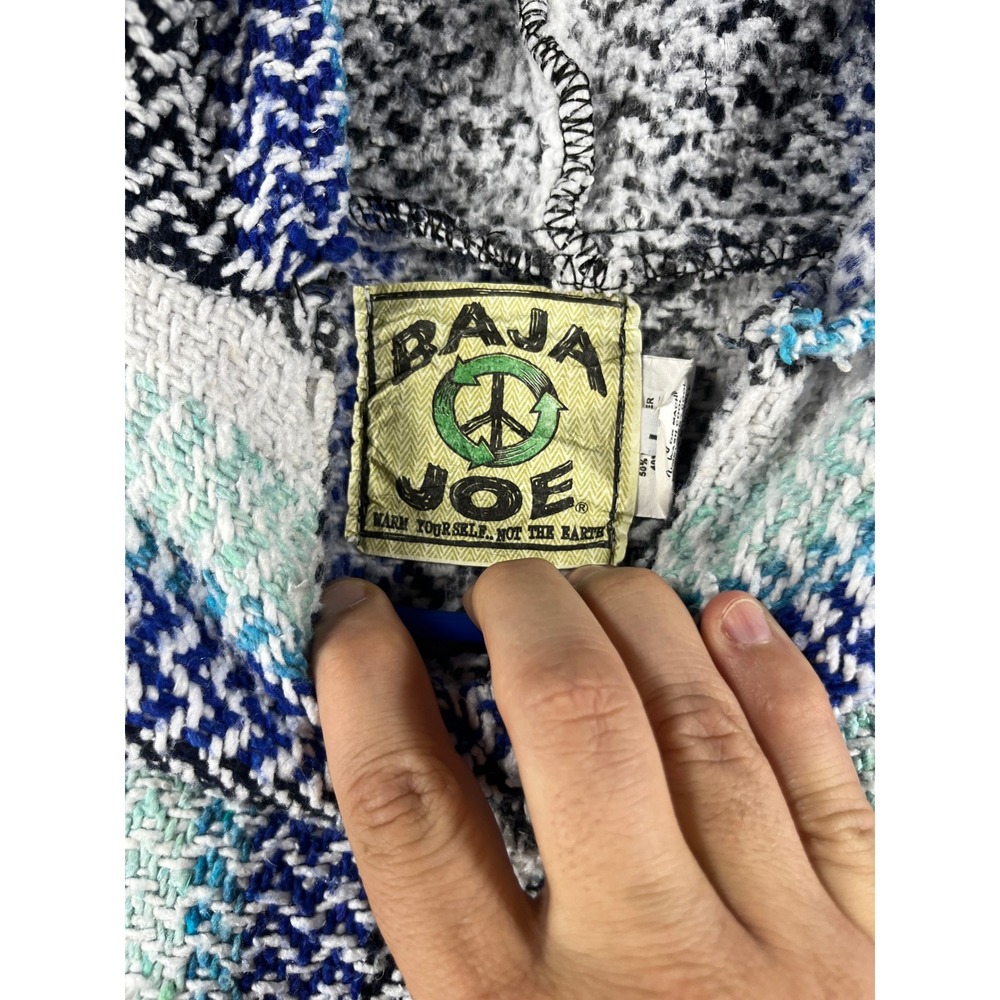 Baja Joe Mexican Hoodie Blue White Black Striped Jerga Pullover Large - Picture 2 of 9